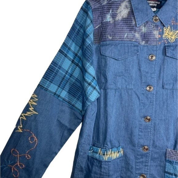 Johnny Was Moonlight Tie Dye Patchwork Military Jacket L Denim Embroidered - Picture 2 of 12
